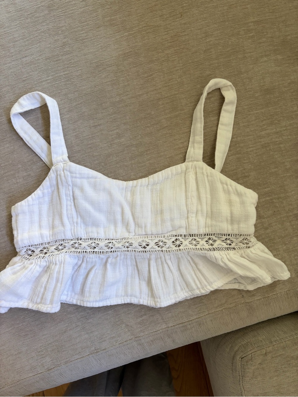 ROXY XS White Cotton Crochet-Trim Crop Tank Top